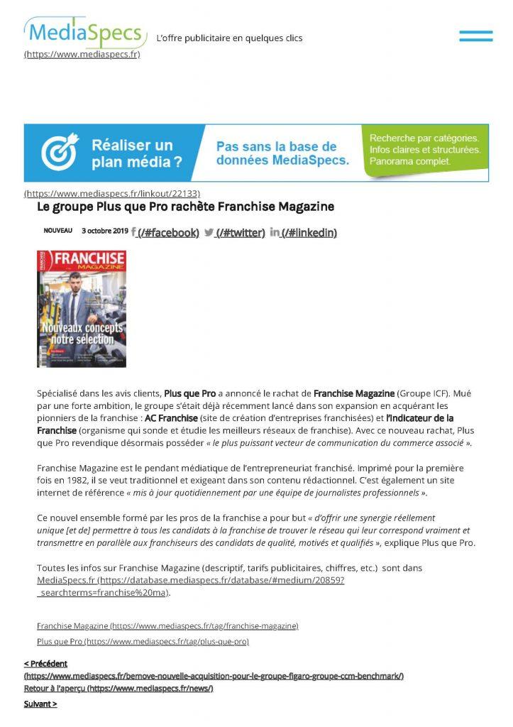 Article Mediaspecs sur le rachat de Franchise Magazine par le groupe Plus que PRO